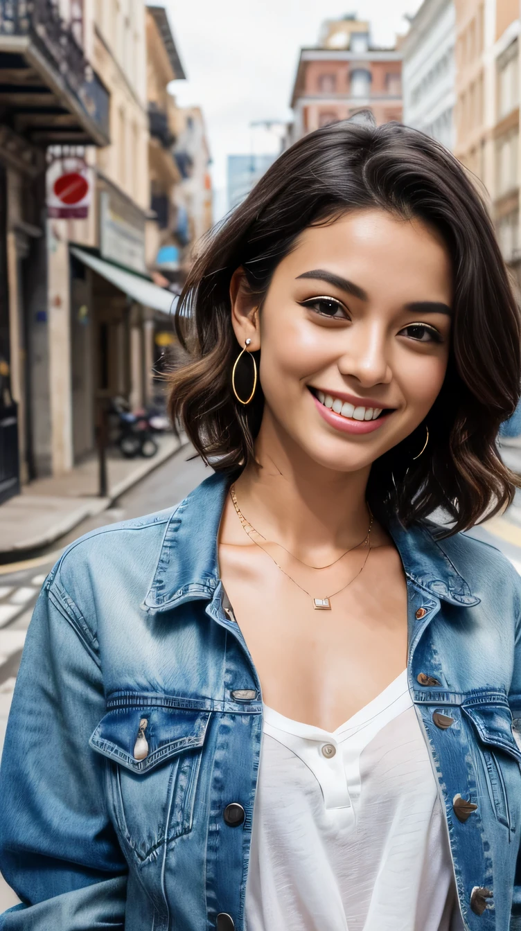 Super Resolution、beautiful Brazilian woman、、short hair、Wavy Hair、、ear piercing、necklace、Denim jacket、shirt、smile、Beautiful teeth alignment、The background is a city street