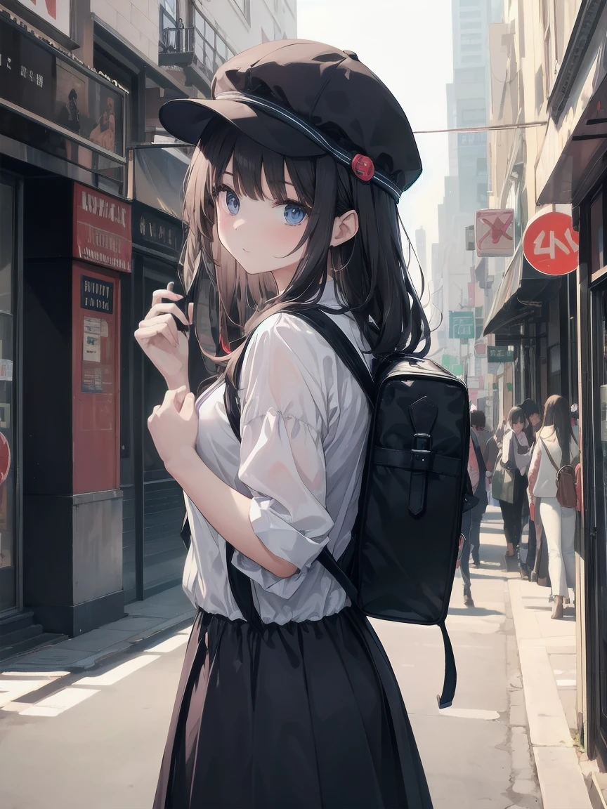 a young asian woman posing in city street with backpack and suitcase, 1girl, solo, hat, long hair, bag