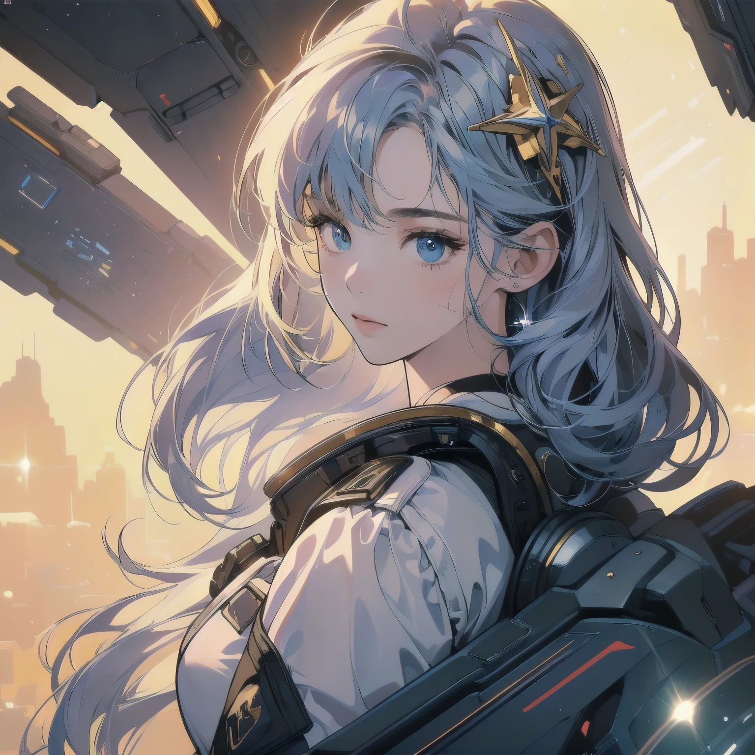 (((Masterpiece, top quality))), (((32K wallpaper))), ultra high resolution, (((close-up))), gorgeous light leak, (((backlit))), highly detailed background, One beautiful woman, inside a spaceship, perfect machine, spacesuit, perfect face, outer space, witchboard, perfect and detailed machine, detailed hair, (((Various angles))), cockpit, upper body shot, head shot , top quality, (((Various unique hairstyles))) Long shot, panorama,(((Various hair color))), Outer space in the background, Pale Lighting, shoot from above, (((Ultra-detailed golden futuristic hair ornament)))、(((カメラを見る)))