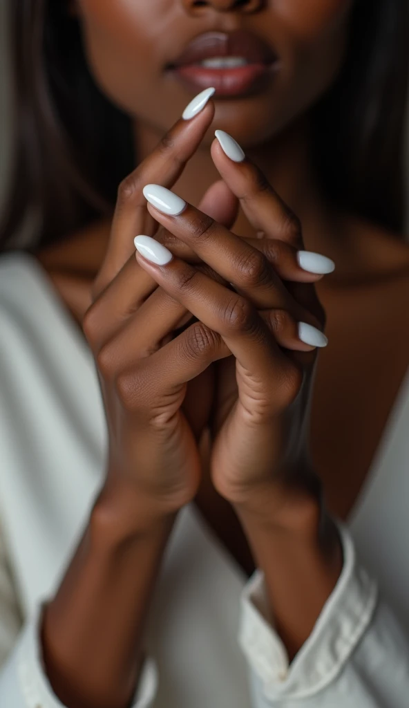 

"The hands in this photo are delicate and feminine.. The nails are painted a flawless white, which creates a subtle contrast with dark skin. They are short and neat, which makes them look clean and well cared for. A simple yet elegant style for any occasion!"
