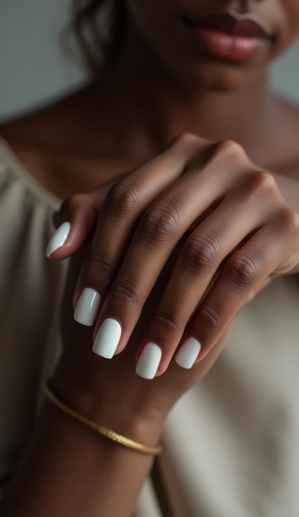 "The hands in this photo are delicate and feminine.. The nails are painted a flawless white, which creates a subtle contrast with dark skin. They are short and neat, which makes them look clean and well cared for. A simple yet elegant style for any occasion!"