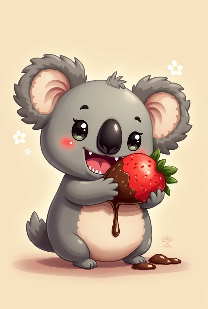Chibi style koala piranha biting a chocolate-covered strawberry
