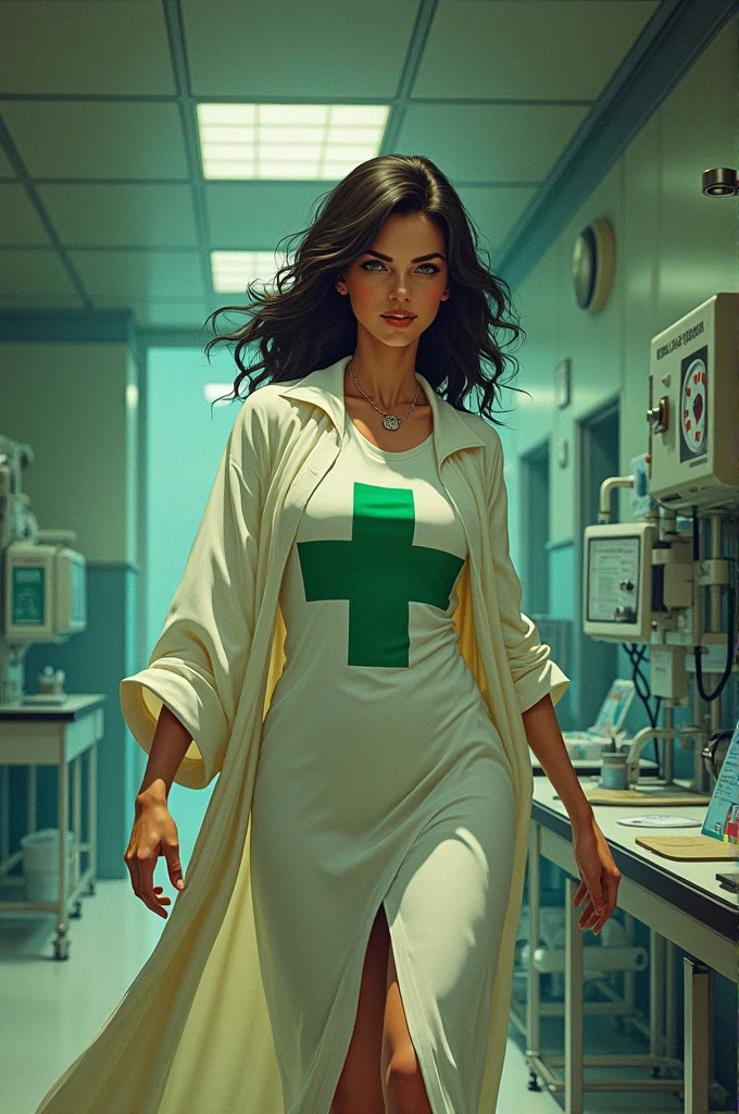 You can make a Brazilian superhero with healing powers that she works with in a hospital (that it looks like an old comic)
with a robe with a green cross
