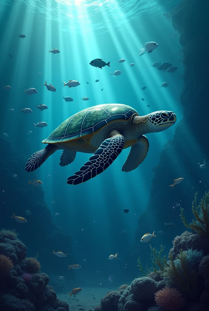 Create a photo of a turtle eating in a deep sea with its friends