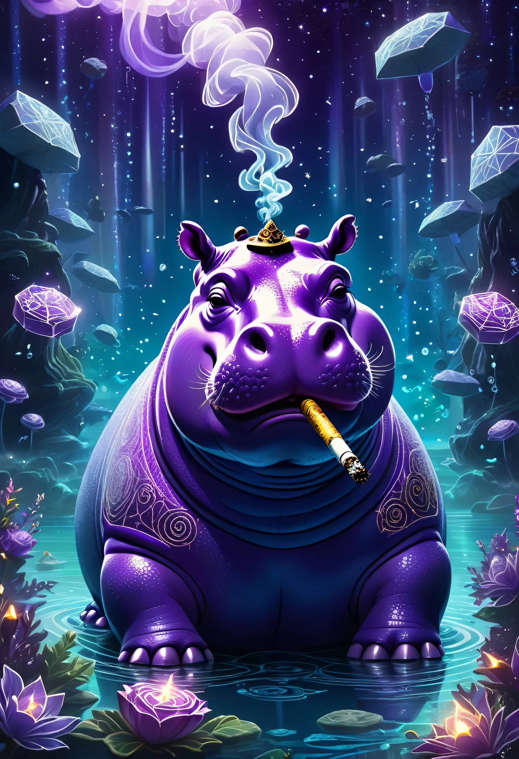 Purple hippo with a smoking joint in its mouth, covered in magical glowing sigils and runes, floating in an astral sea, cel shading, cel shaded, inter dimensional, sparkly, enchanted
