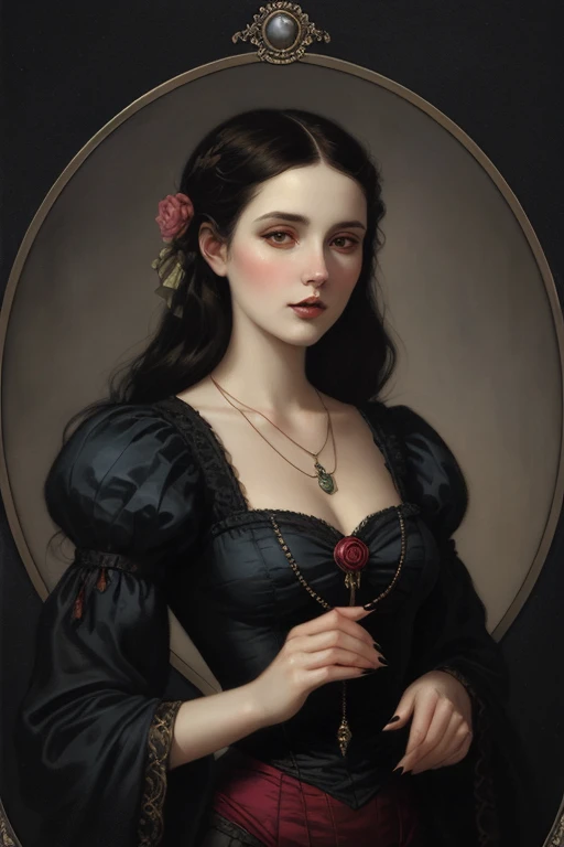 a woman with long hair and a necklace in her hand, tom bagshaw artstyle, tom bagshaw portrait, tom bagshaw style, in the art style of bowater, dark fantasy portrait, artstyle tom bagshaw, fantasy victorian art, elegant victorian vampire, stunning digital illustration, in the style of tom bagshaw, style of tom bagshaw, victorian lady
