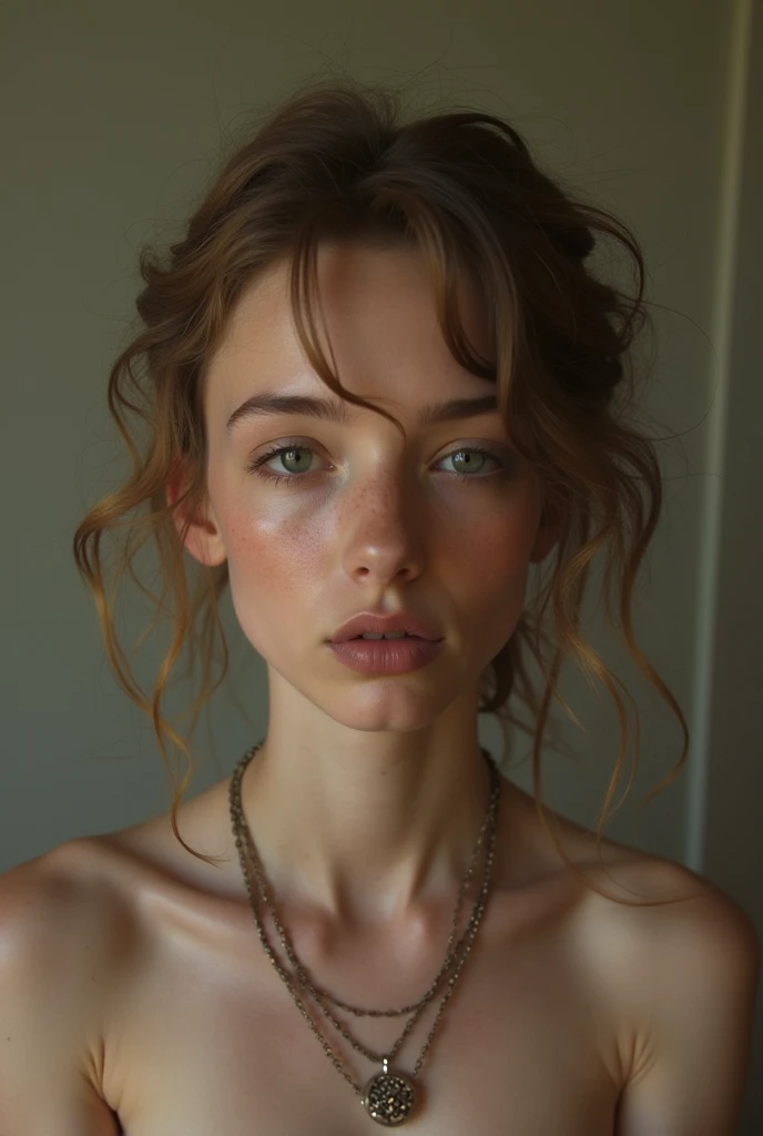raw photo of beautiful female, looking at camera, centered portrait upper body, Miss Scotland, slim perfect face, natural look, playmate, wavy ginger, wet hair tied in a bun, supermodel, wet skin, freckled skin, blushing cheek, very very small bust, closing eyes, feeling ecstasy, nude skin, in photo studio