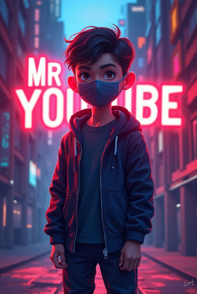 Create a a digital illustration in logo image featuring a boy wearing a face mask, standing in front of a glowing background. In the background, prominently display the text "Mr YouTube" in a bold, glowing font. The overall design should be eye-catching and visually striking, with the glowing text adding a dynamic and engaging effect.
