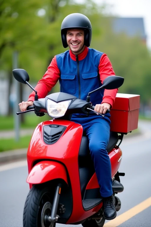 Young man in blue and red uniform ready for work smiling riding a red motorbike wearing a black helmet with a delivery box behind