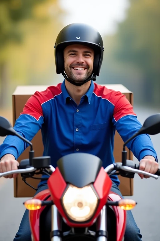 Young man in blue and red uniform ready for work smiling riding a red motorbike wearing a black helmet with a delivery box behind