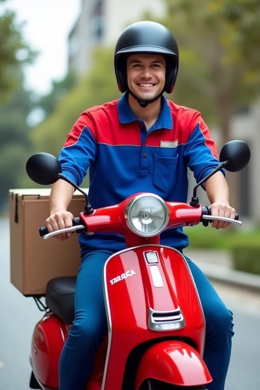 Young man in blue and red uniform ready for work smiling riding a red motorbike wearing a black helmet with a delivery box behind