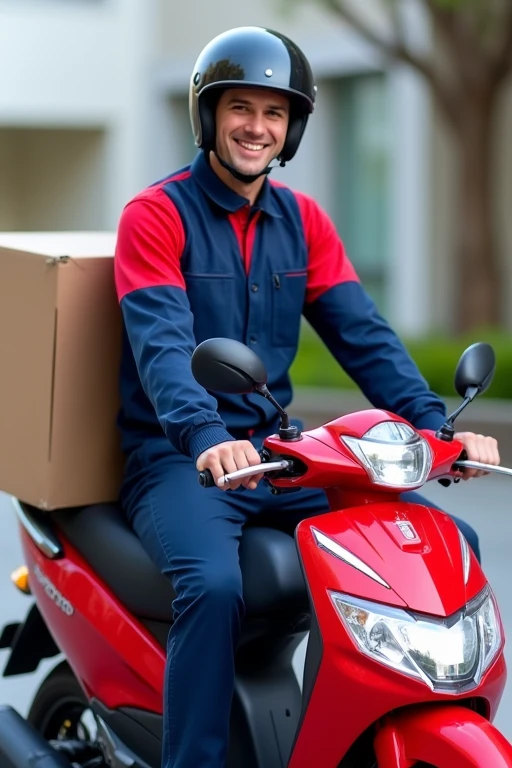 Young man in blue and red uniform ready for work smiling riding a red motorbike wearing a black helmet with a delivery box behind

