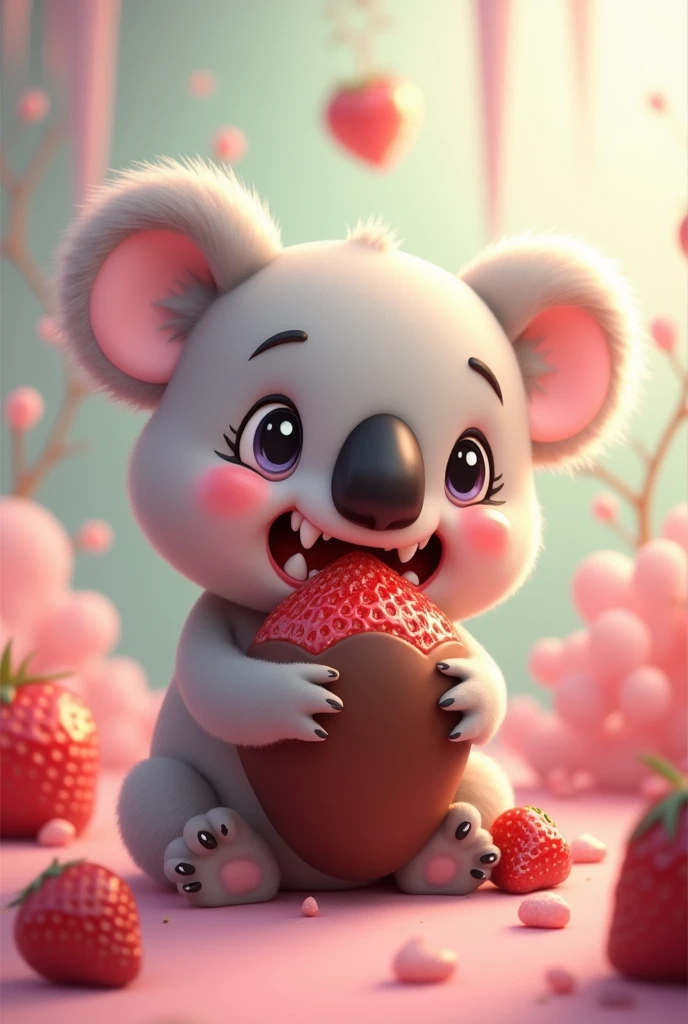 Chibi style koala piranha biting a chocolate-covered strawberry 