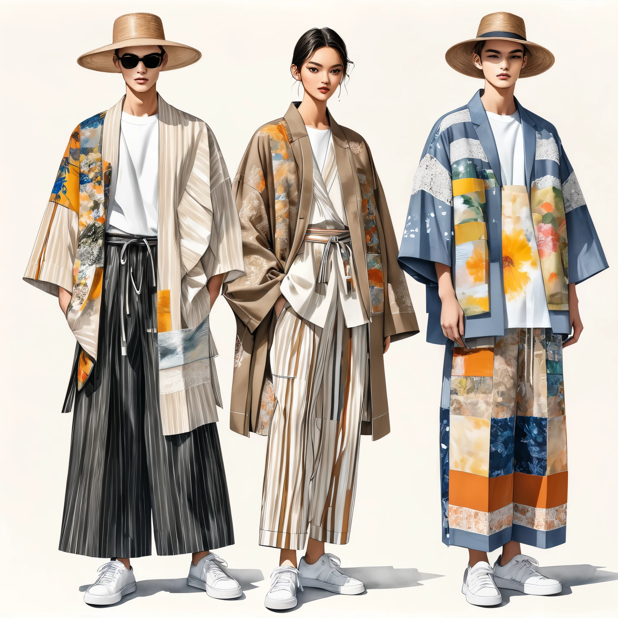 candid fashion illustration a group of young 2man and 1girl, aged 18-23 year old, tall and slender, Mixed race super model, ((showcase in fashionable Lenin outfits inspired by designer Dris Van Noten spring-summer collection 2024)), in elegant and modern style of ((patchwork or collage with tribble fabric or ethnic woven fabric details)), neutral earth tone color. The 1st man wears an oversized shirt with embroidery and lace details, paired with slim-fit Pants. The second man complements him in a shirt decorate with lace detail, oversized Yukata Jacket, ethnic woven details, paired with big striped Drawstring pants. a woman wears a collage fabrics long dress with lace decoration details. (all completes the look with white sneakers, an accessorizes with a wide-brimmed straw hat, sunglass. Captured in a ((full-body image)), relax and simple pose, ((water-color paint on white paper background)), realistic pencil lines, imperfect drawing, charcoal lines detail, fading sketch, fashion Sketching, low angle view, (full body image), Dris Van Noten.