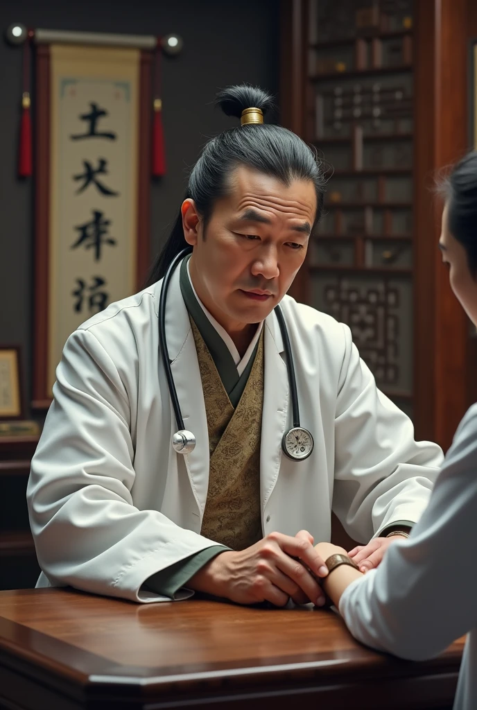 A 40 years old chinese traditional physician who wear white duty coat over the traditional suit and is examining a man patient.