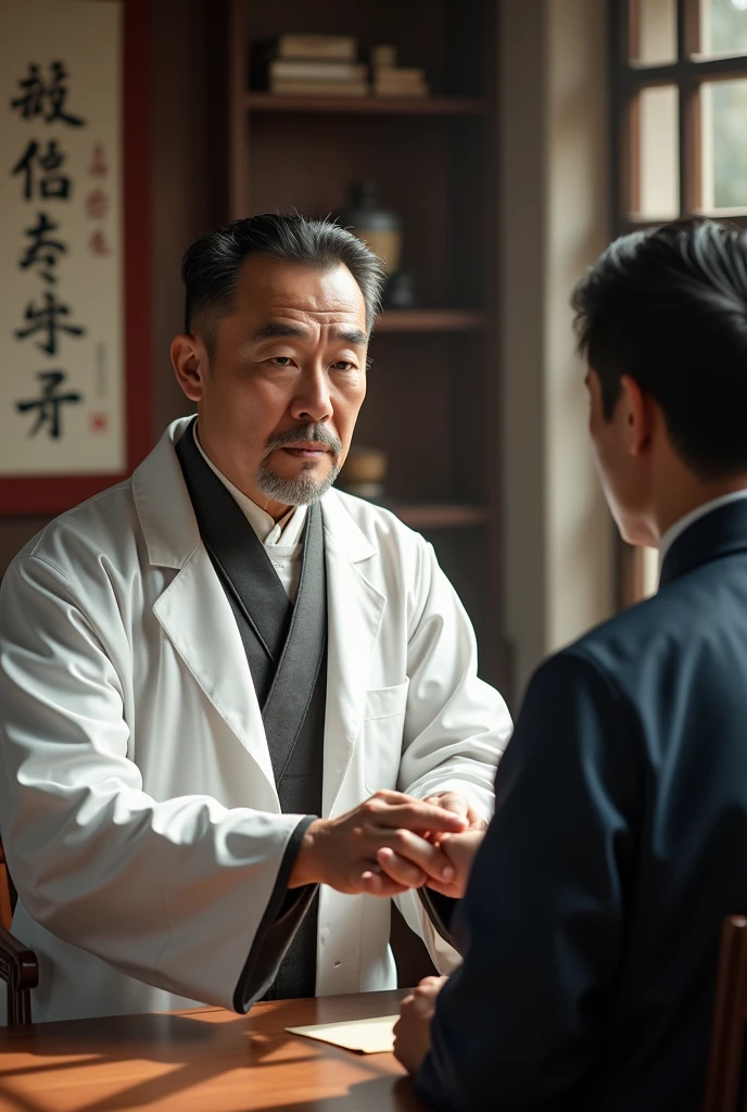 A 40 years old chinese traditional physician who wear white duty coat over the traditional suit and is examining a man patient.