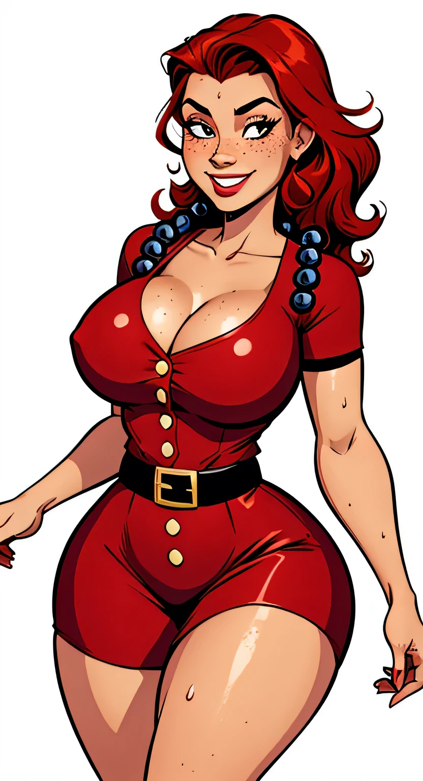 Thin woman, age 25, 4K (High definition), beautiful smiling, seducing gaze, teacher in retro red dress(of buttons) with V-neck and short sleeves, black belt, pele caucasiana, shoulder length curly red hair, standing, curvy with freckles and little beads of sweat running down her forehead and chest. marvel style, white background.