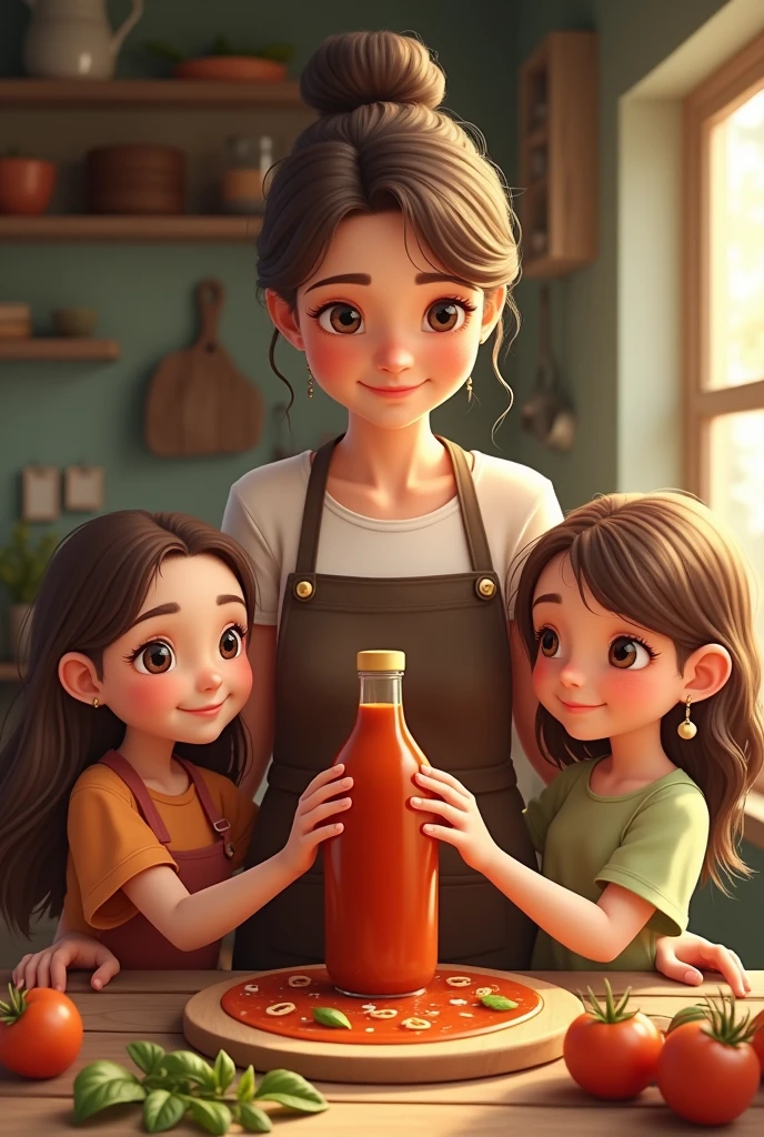 A mother with her three daughters in the background, Promoting a bottled sauce