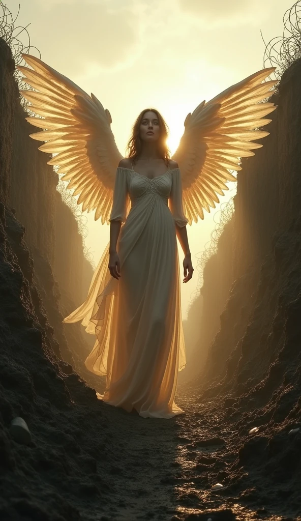 A very beautiful angel standing in the trenches of the First World War