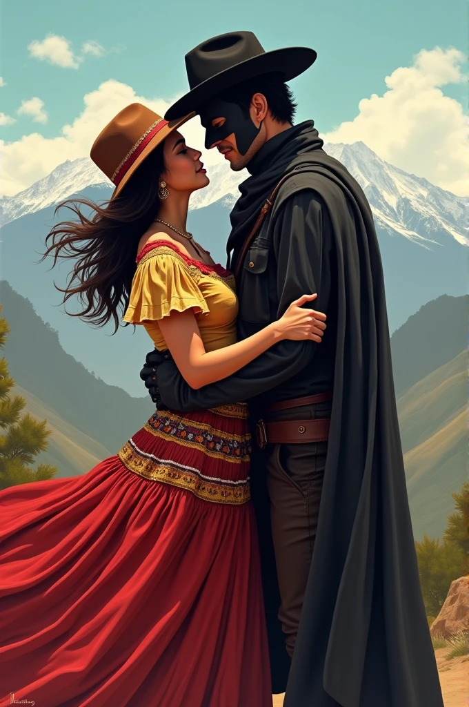 Bolivian Andean Zorro and a Bolivian Chola from La Paz wearing a skirt, in love, illustration