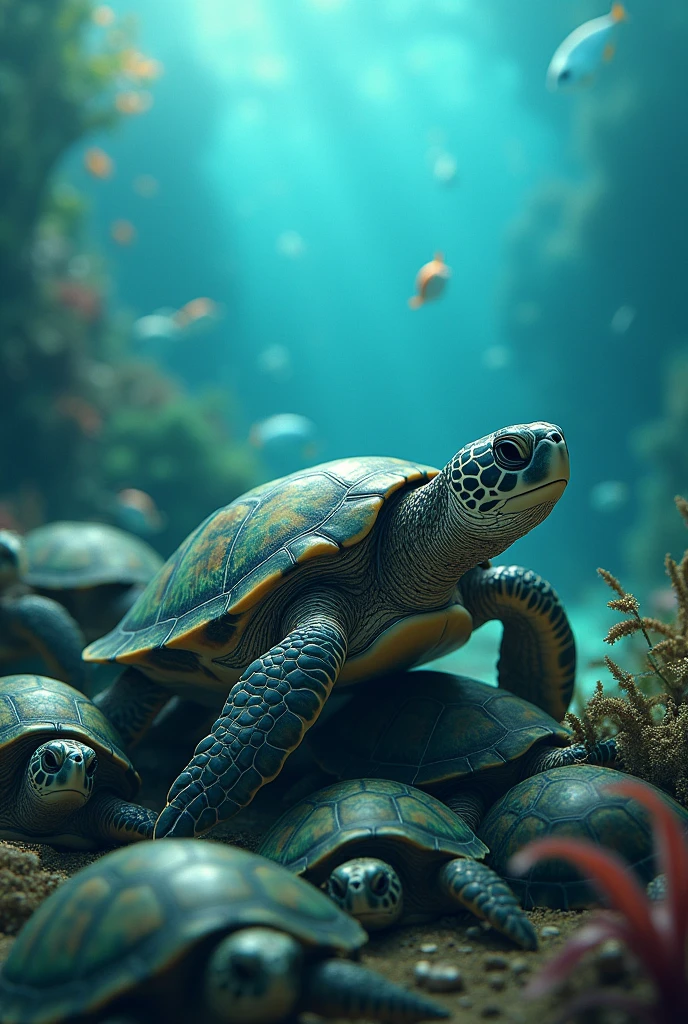 Create a photo of a turtle eating in a deep sea with its turtle friends
