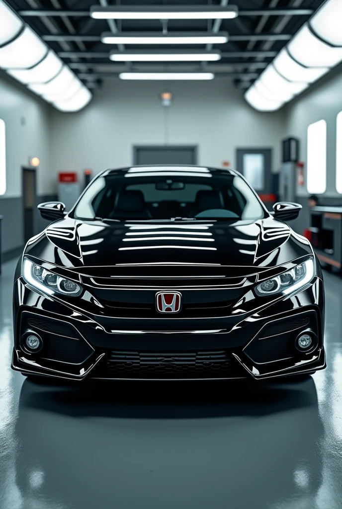 A freshly polished black Honda car at an auto detailing shop