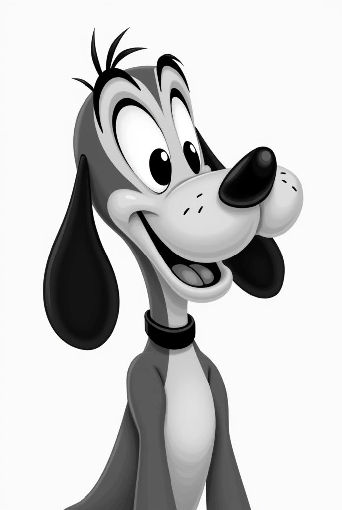 animated black and white dog for painting, in profile with a winning smile, looking slightly at the camera, with a nose like that "pluto"