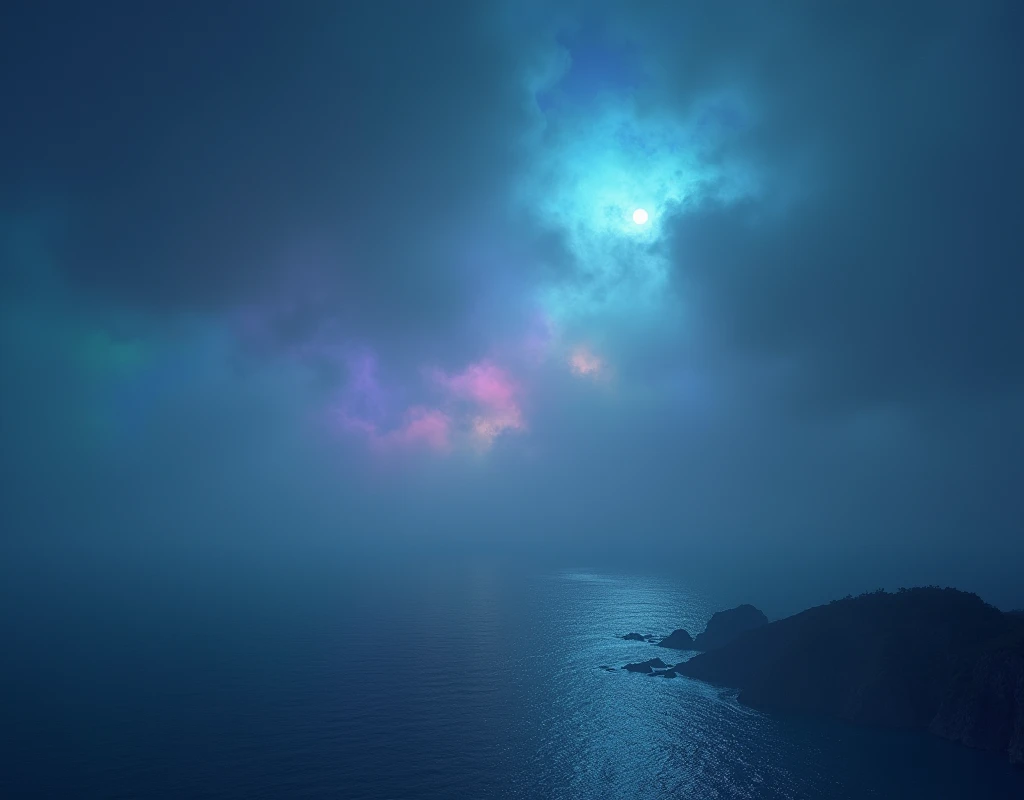 A quiet calm night with a mysterious rainbow tinted sea foggy mist over the ocean