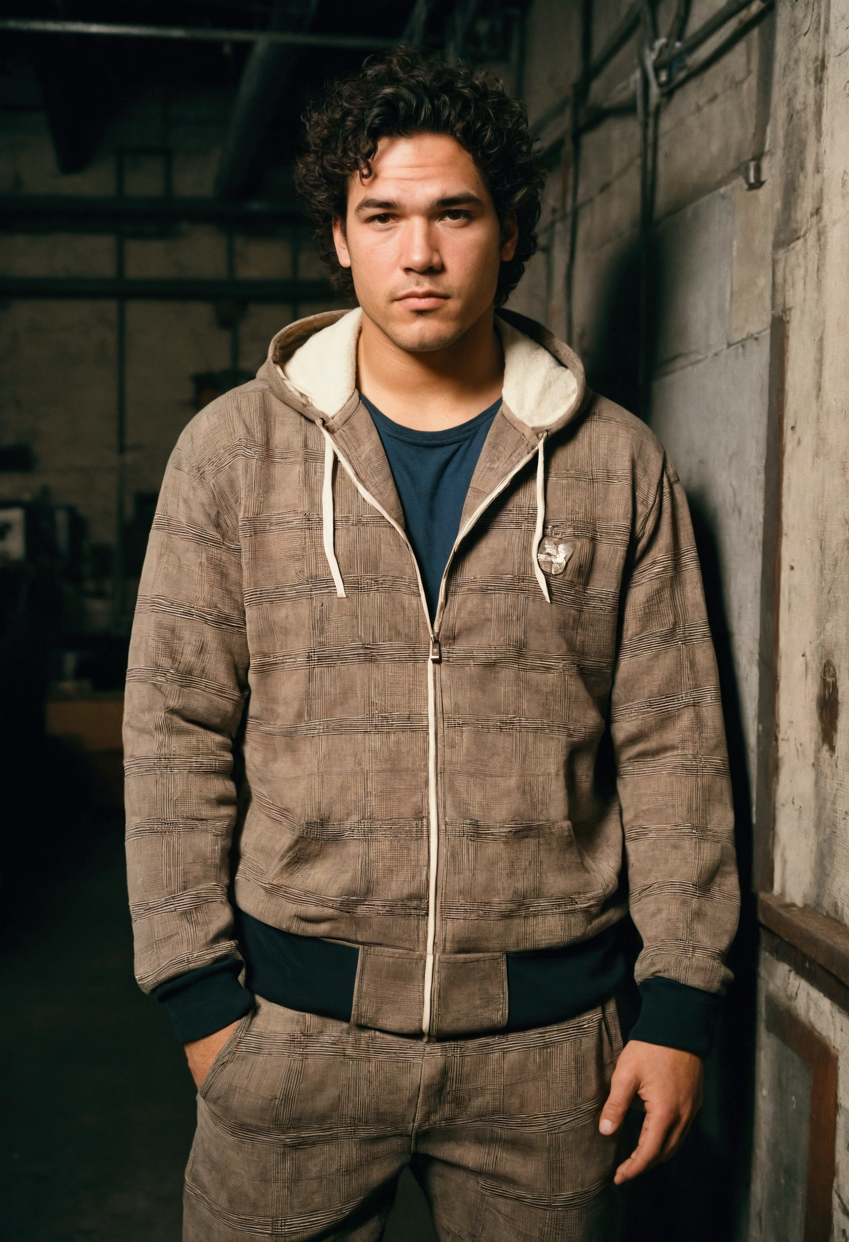 analog film photo, photo of a punk, 25 years old, male, brown eyes, short dark curls, tan complexion, soft facial features, medium height, broad shoulders, stocky physique, slightly chubby, lots of body hair, wearing a slim plaid tracksuit, posing in an industrial loft, resembles Dean Cain, RAW Photograph, dslr, soft lighting, high quality, film grain, Fujifilm XT3, detailed skin with visible pores, insane details, masterpiece, 8k, 35mm photograph, dslr, kodachrome, faded film, desaturated, grainy, vintage, Lomography, stained, highly detailed, found footage, full-body shot
