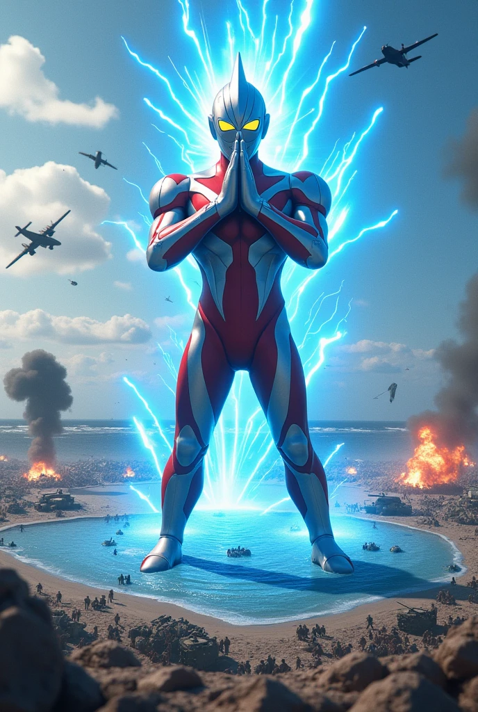 Ultraman taro . Two hand clap to blast blue fired to army enemy swimming in pool fighting and kicking a huge army on a battlefield, detailed war scene with soldiers, tanks, aircraft, explosions, sea, beach, tilt-shift photography style, 1940s world war 2 setting, hyperdetailed, cinematic, masterpiece, best quality, 8k, hyper realistic, volumetric lighting, dramatic lighting, vibrant colors, highly detailed, intricate details, subtle film grain, seamless composition