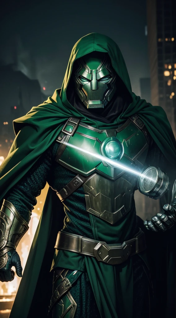 Doctor Doom, 35mm lens, photography, ultra-detailed, HDR, UHD, 8K, portraits, iconic metal mask, green costume, intricate armor, dynamic pose, dramatic lighting