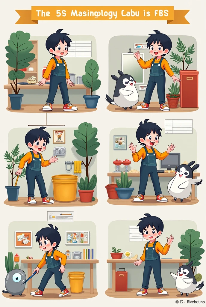 Seiri (Sense of Use): have him separate something
Seiton (Sense of Organization): have him organize something
Seiso (Sense of Cleanliness): have him cleaning with a broom
Seiketsu (Sense of Standardization): have him standardize something
Shitsuke (Sense of Discipline): have him with discipline
have mascots