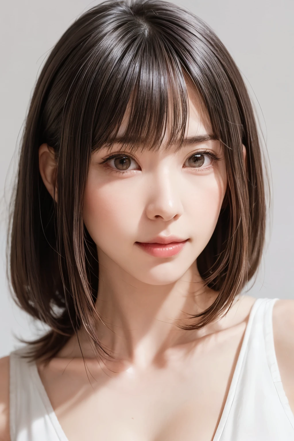 ((masterpiece, Highest quality, High resolution、Realisticですべてが美しく詳細に描かれている)), 1 person, (Realistic: 1.4), alone, White Background, snow-White Background, Mouth closed, smile, smile, Beautiful black hair, short hair, Big eyes, Transparent double eyelids, eyelash, Listen carefully, Long neck, 美しくLong neck, Absolute area, ((Face close-up)), (Draw the whole head, shoulder), 19 years old, Attractive proportions, Glowing Skin, Beautiful clavicle, Golden ratio face, Perfect Face, Teardrop-shaped mole, chestのほくろ, bangs, clean bangs, beautiful bangs, Lip gloss, Thin lips, Fair skin, naked, Big Breasts, {Huge|big|Hugeな|Mega} chest:2, chestの谷間:2,chestの谷間を見せる、Small face, Small face, All the heads are painted, shoulder all drawn, Point slightly above the camera