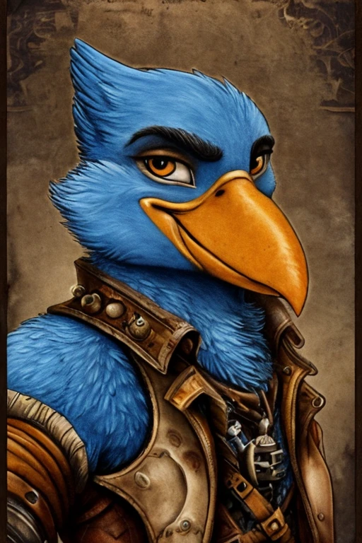 Anthropomorphic blue bird, large yellow and orange beak, zoom in on face, Grinning, gazing at viewer, hairy chest, olhando de lado, background red, steampunk style image borders.