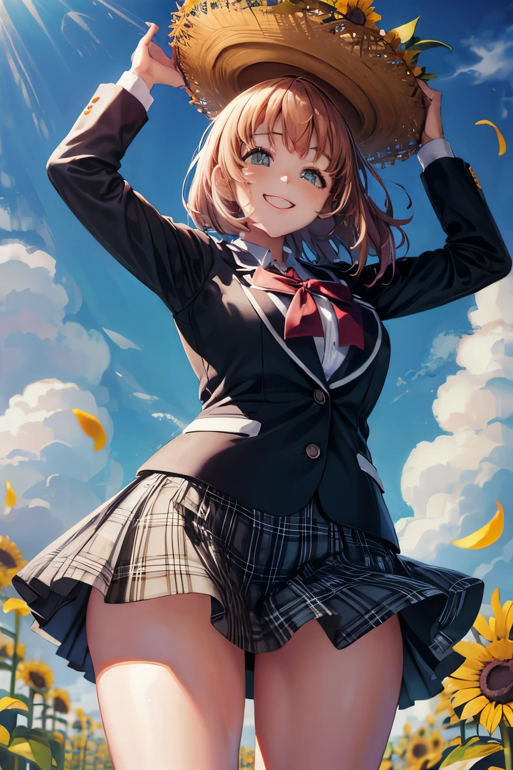 (8k, raw photo, masterpiece, extremely detailed, best quality, professional lighting, high res), beautiful and adorable girl, honma himawari, ahoge, sunflower hair ornament, school uniform, black jacket, plaid skirt, (energetic girl), big smile, BREAK high school, summer, sunflowers, BREAK thighs, (close up thighs), view from below, plump body