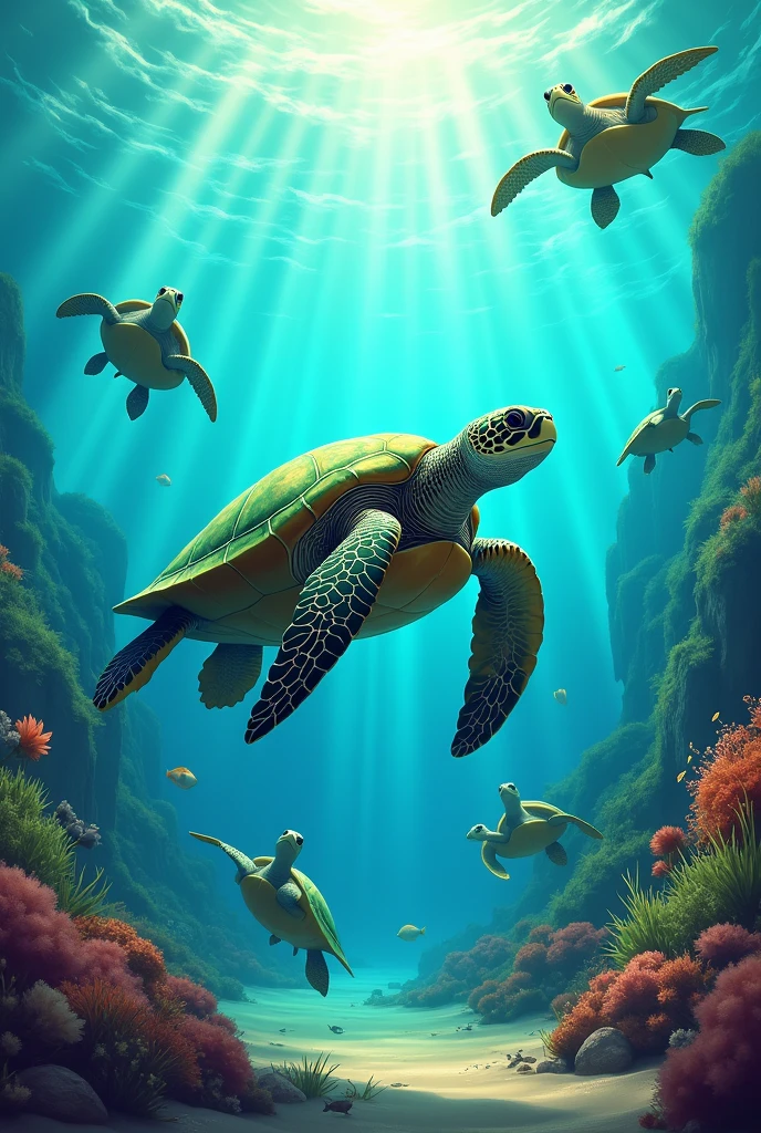 Create a photo of a turtle eating in the deep sea with its turtle friends, the turtle travels to the beach