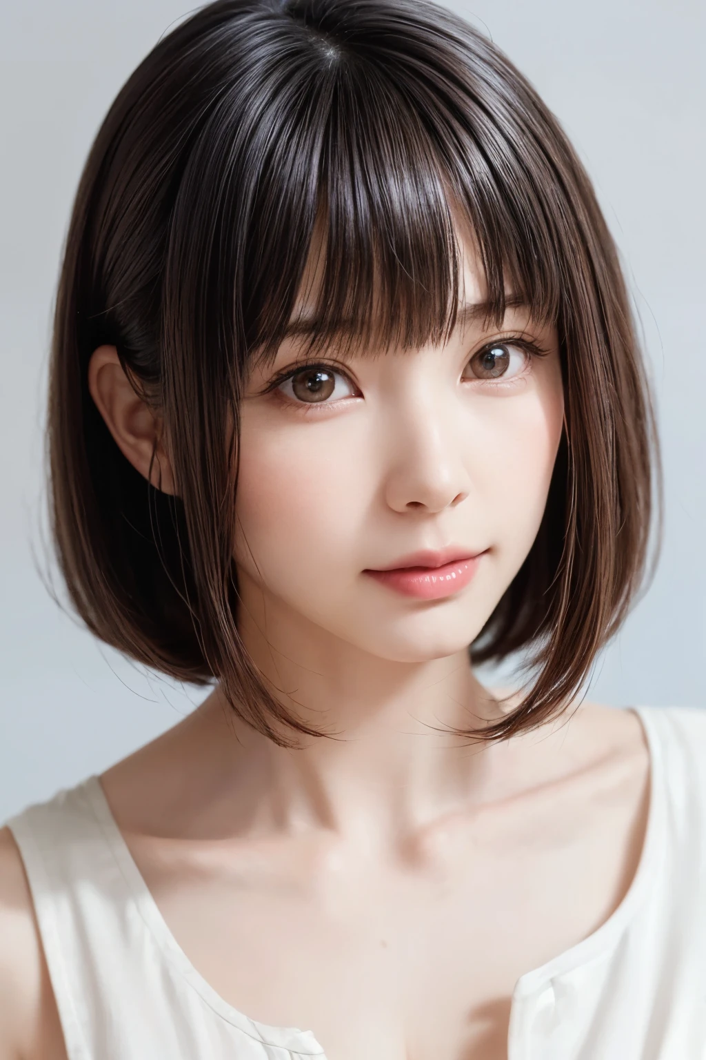 ((masterpiece, Highest quality, High resolution、Realisticですべてが美しく詳細に描かれている)), 1 person, (Realistic: 1.4), alone, White Background, snow-White Background, Mouth closed, smile, smile, Beautiful black hair, short hair, Big eyes, Transparent double eyelids, eyelash, Listen carefully, Long neck, 美しくLong neck, Absolute area, ((Face close-up)), (Draw the whole head, shoulder), 19 years old, Attractive proportions, Glowing Skin, Beautiful clavicle, Golden ratio face, Perfect Face, Teardrop-shaped mole, chestのほくろ, bangs, clean bangs, beautiful bangs, Lip gloss, Thin lips, Fair skin, naked, Big Breasts, {Huge|big|Hugeな|Mega} chest:2, chestの谷間:2,chestの谷間を見せる、Small face, Small face, All the heads are painted, shoulder all drawn, Point slightly above the camera