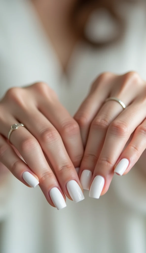 

"The hands in this photo are delicate and feminine.. The nails are painted a flawless white, which creates a subtle contrast  They are short and carefully taken, which makes them look clean and well cared for. A simple yet elegant style for any occasion!" Just photos of a hand without any people showing 