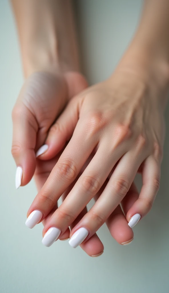 

"The hands in this photo are delicate and feminine.. The nails are painted a flawless white, which creates a subtle contrast  They are short and carefully taken, which makes them look clean and well cared for. A simple yet elegant style for any occasion!" Just photos of a hand without any people showing 