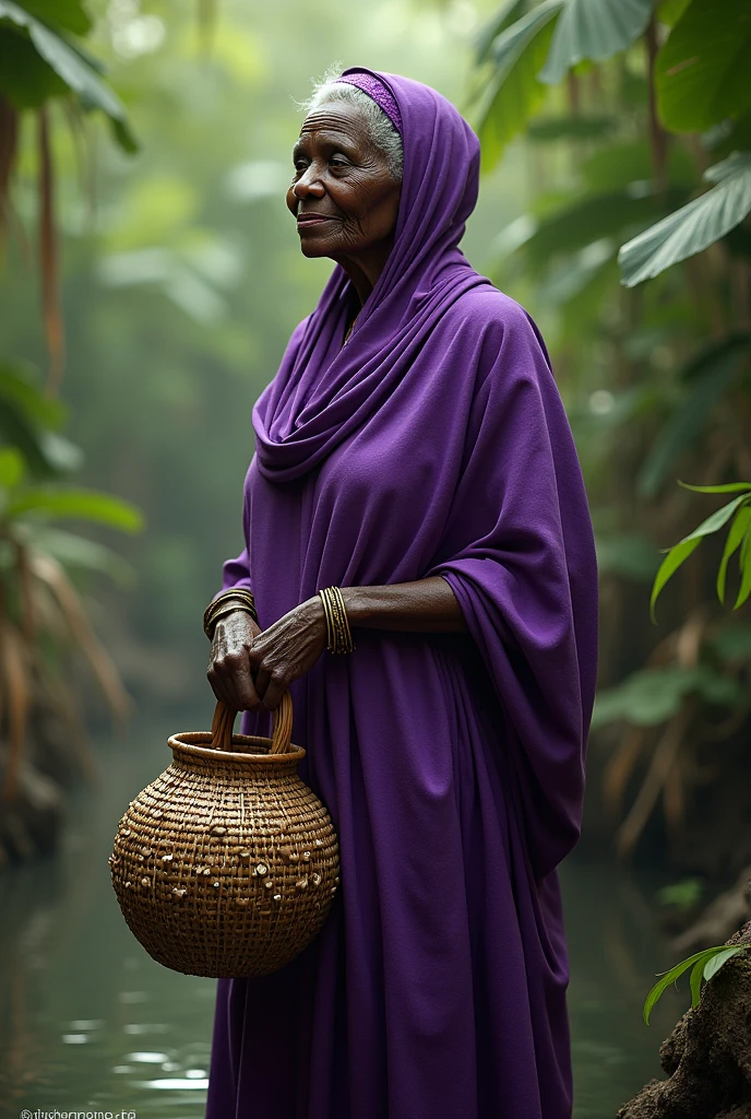Nanã, the orixá (Yoruba deity) of swamps, mangroves, and rain, wears purple. She is an elderly lady and carries a woven Ibiri (a type of basket) decorated with cowrie shells.
