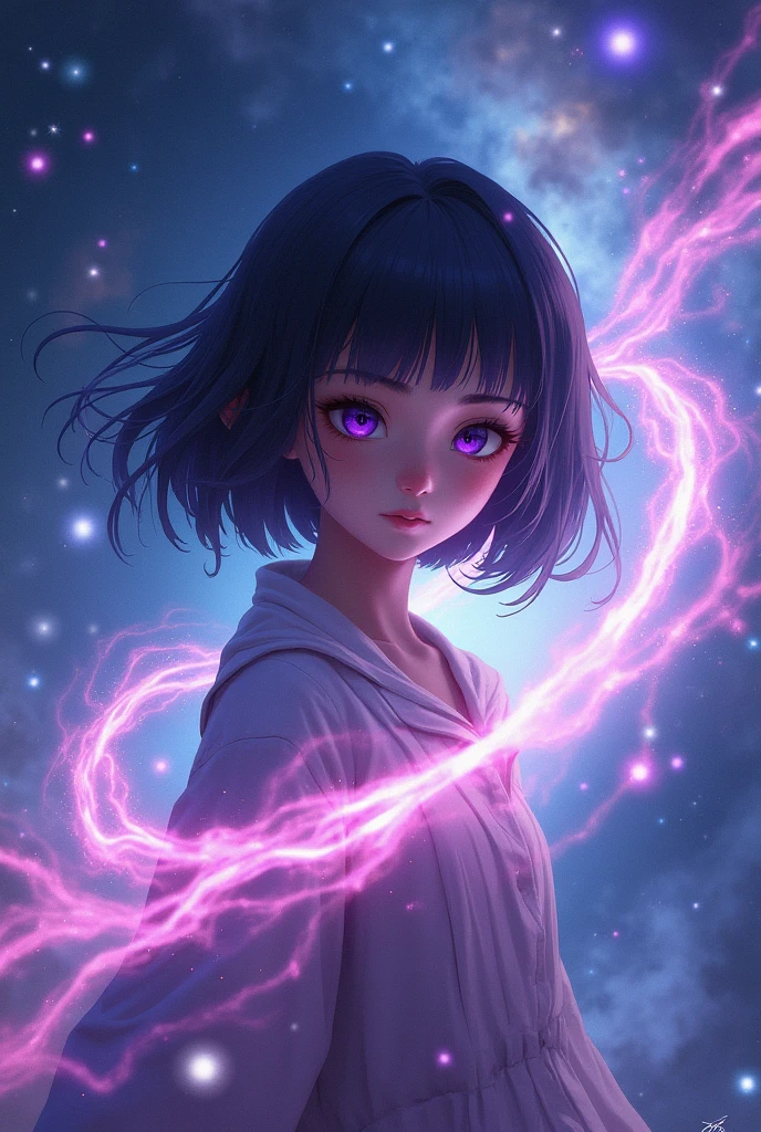 Creates a girl with an appearance of , short black hair, purples eyes, with a space background is using powerful powers