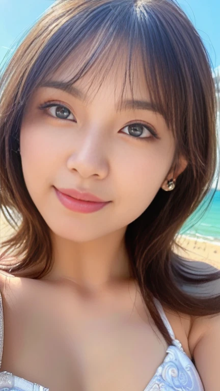 (masterpiece:2), (Highest quality:2), (Super detailed:2), (Beautiful face and eyes in every detail:2), Beach Background, (Learning to Move Forward:1.4), (look up:1.4), From above, One person, smile, Brown long hair, (Skirt Style Bikini:1.3),