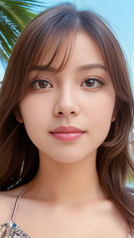 (masterpiece:2), (Highest quality:2), (Super detailed:2), (Beautiful face and eyes in every detail:2), Beach Background, (Learning to Move Forward:1.4), (look up:1.4), From above, One person, smile, Brown long hair, (Skirt Style Bikini:1.3),