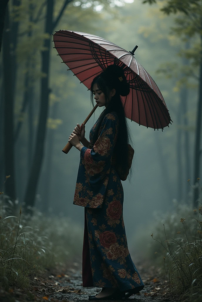 kimono girl holding a big umbrella,There&#39;s a lot of black shadows behind him,Long Hair,fog,Wind,night,High Noon,bamboo,Grass in the ground,Mud on the ground,Film Grain,,traditional japanese art,Oriental,ax,Ghosts of Tsushima,Handmade,Art Nouveau,detailed, sexy, nsfw detailed beauty face, Full Body Shot,up style hair
