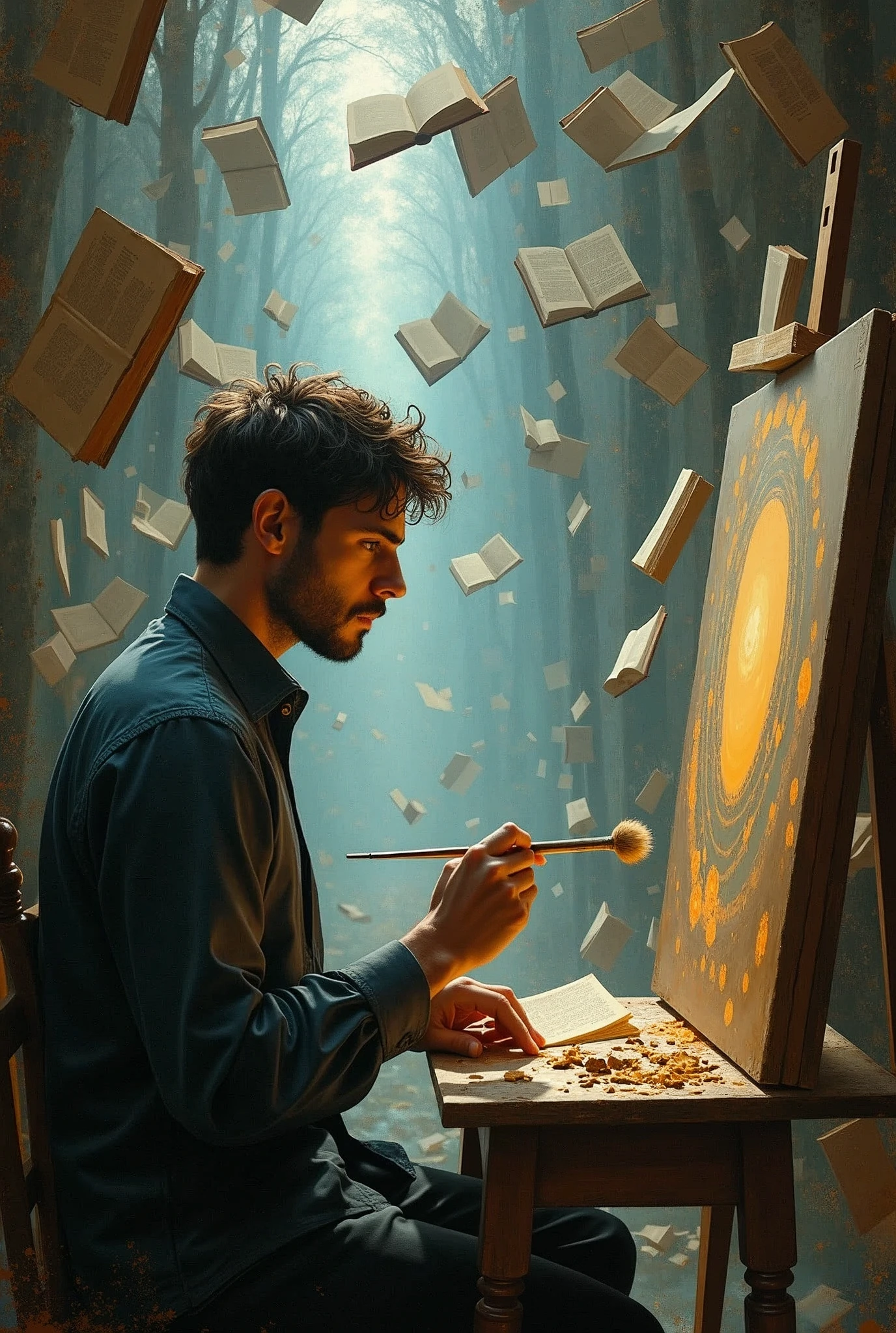 man painting feelings with many open books hanging on the walls