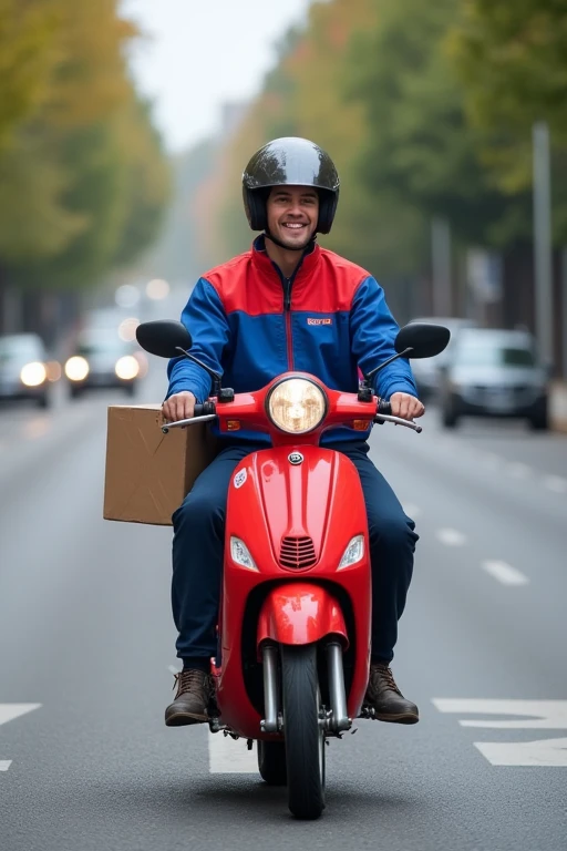 Young man in a blue and red uniform, ready for work, smiling and riding a red motorcycle with a black helmet.
In the middle of the avenue with a late delivery box.