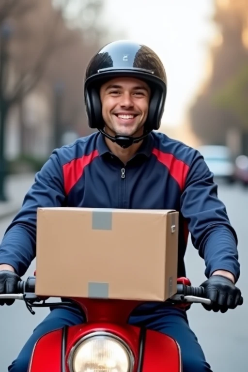 Young man in a blue and red uniform, ready for work, smiling and riding a red motorcycle with a black helmet.
In the middle of the avenue with a late delivery box.