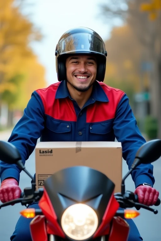 Young man in a blue and red uniform, ready for work, smiling and riding a red motorcycle with a black helmet.
In the middle of the avenue with a late delivery box.