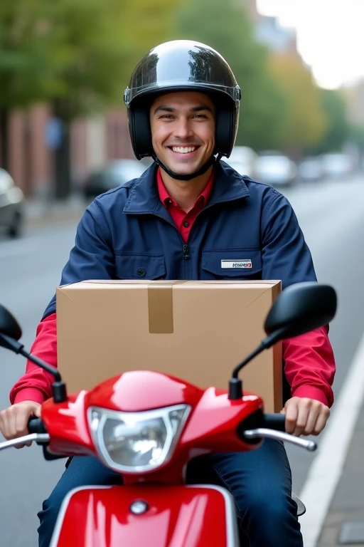 Young man in a blue and red uniform, ready for work, smiling and riding a red motorcycle with a black helmet.
In the middle of the avenue with a late delivery box.