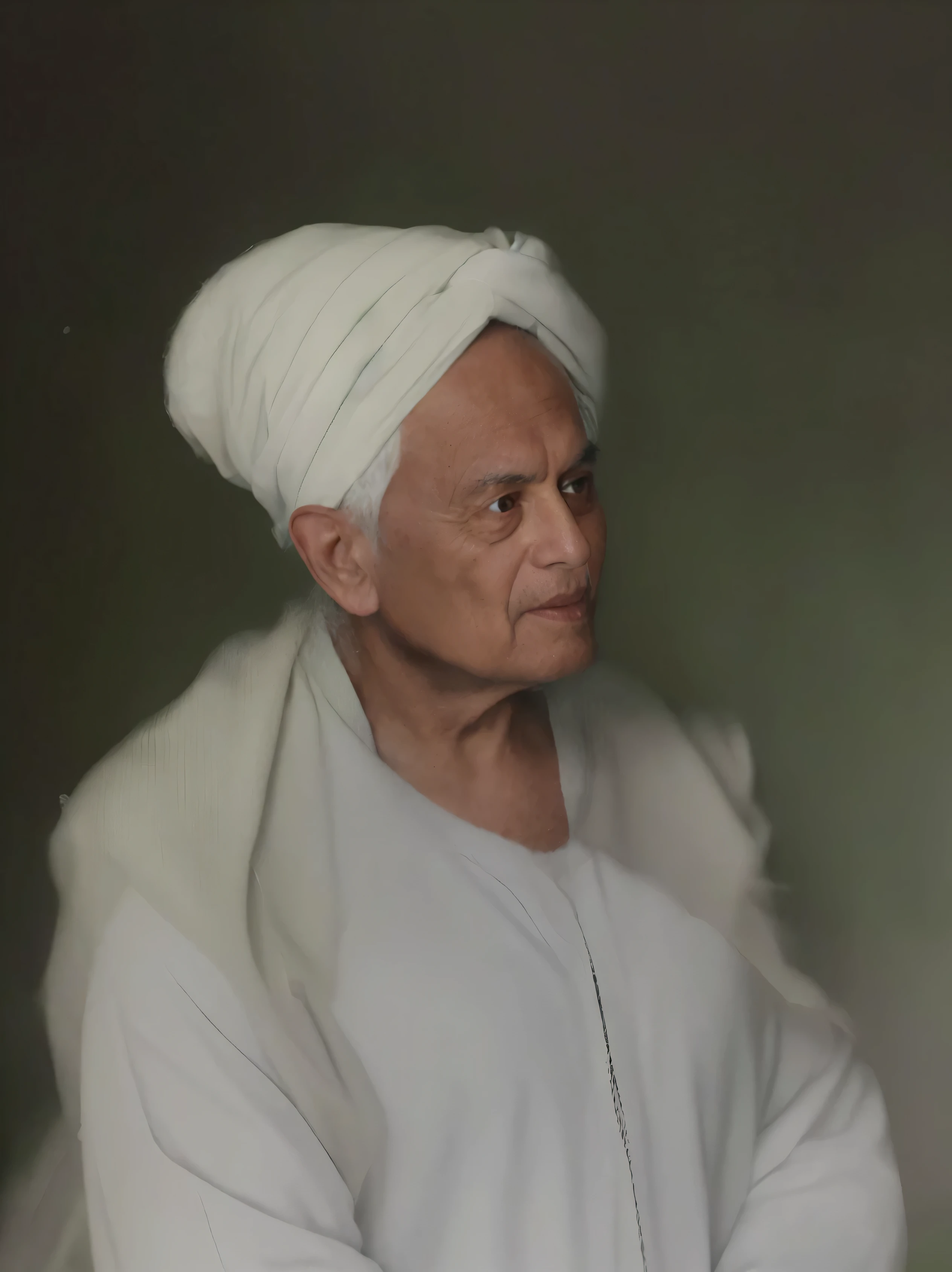 Make this photo look realistic and detailed, a man with a muslim clothes and with a white turban and with a white scarf, 8 0 old man, very detailed potrait, very realistic face, very perfected face, very detailed clothes, very realistic clothes, very perfected clothes